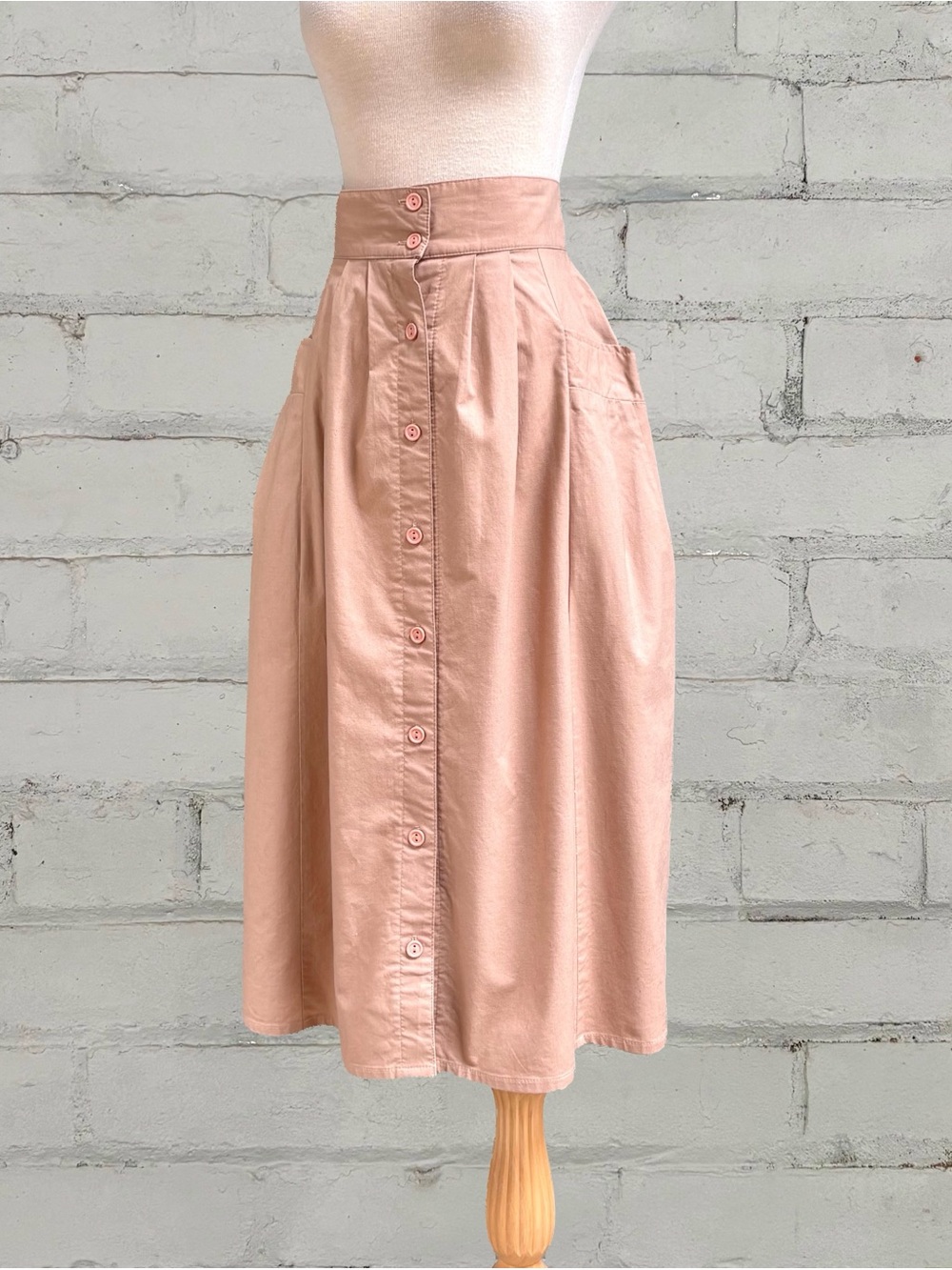 Vintage Beige Button-Front Midi Skirt - Picture 3 of 8